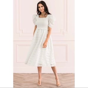 NWT Rachel Parcell White Lace Puff Sleeve Midi Dress
